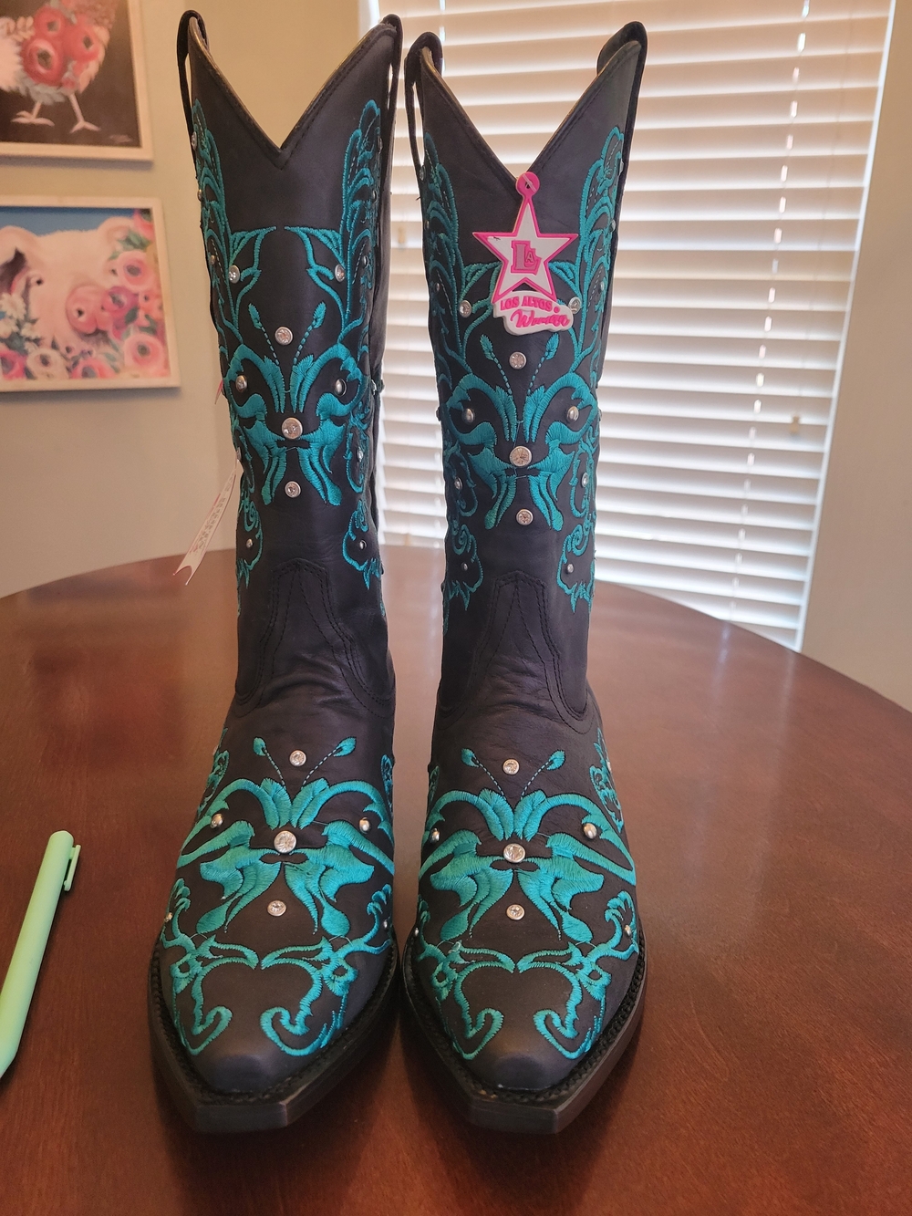 Los Altos Black Western Cowboy Boots with Teal Embroidery